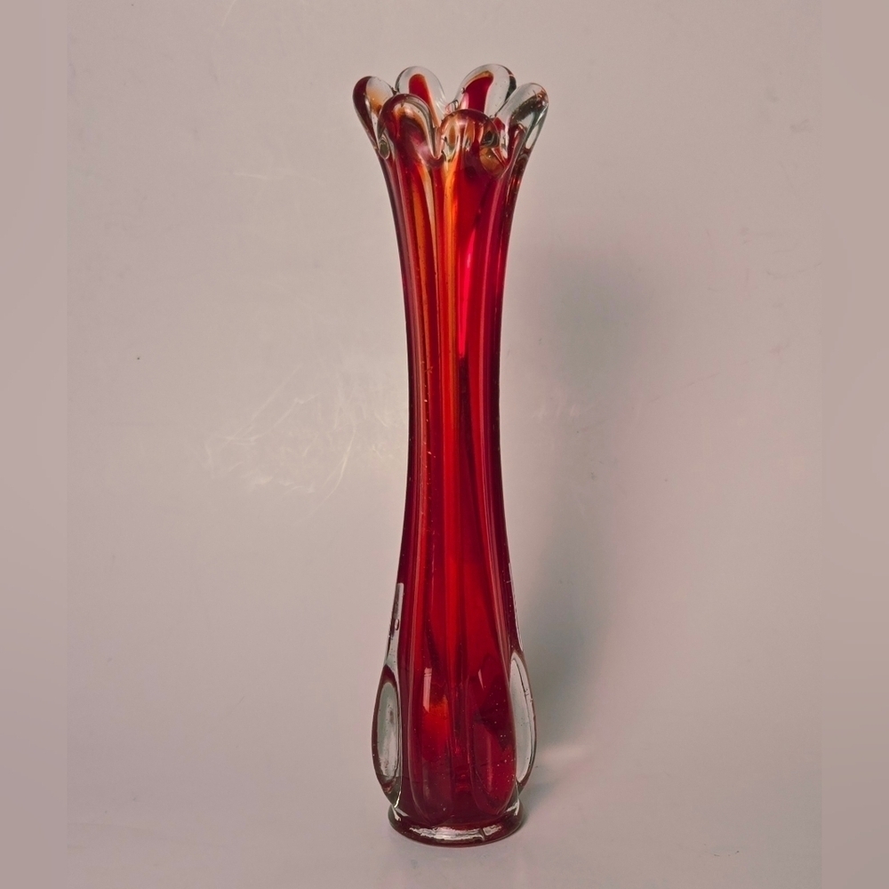 9.5" Vintage Ruby Red Art Glass Vase – Murano Style Swung Petal Rim